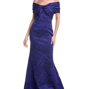 Teri Jon Off-Shoulder Textured Evening Gown in Rich Royal Blue-Purple